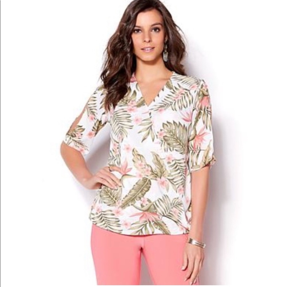 IMAN Palm Floral Tropical HAWAIIAN Resort Faux Wrap Blouse Top Cold Shoulder Med